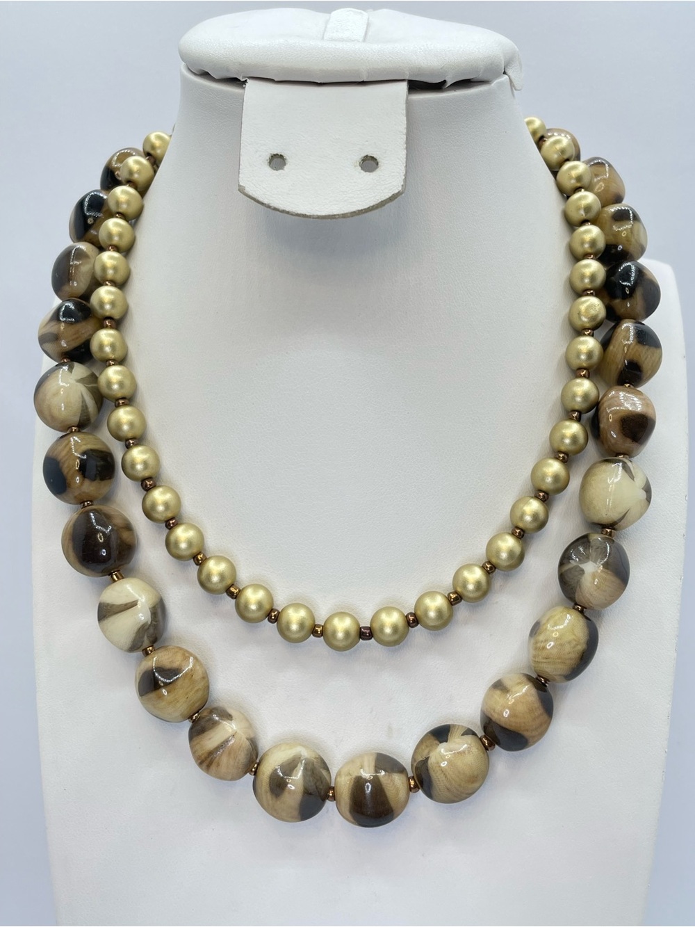 JS Signed Layered Lucite Beaded Statement Necklace Brown Gold Gunmetal Boho